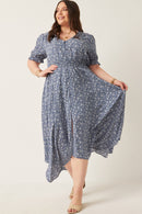 HY2441 Blue Womens Disty Floral Buttoned Maxi Dress Back