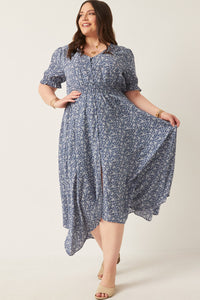 HY2441 Blue Womens Disty Floral Buttoned Maxi Dress Back