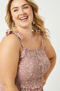 HY2485W Mauve Plus Tie Shoulder Smocked Ruffle Detail Midi Dress Full Body