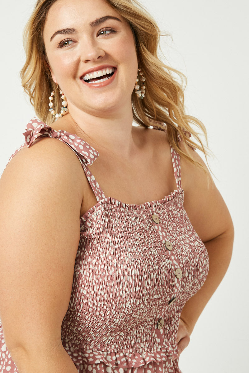 Tie Shoulder Smocked Ruffle Detail Midi Dress