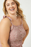 HY2485W Mauve Plus Tie Shoulder Smocked Ruffle Detail Midi Dress Full Body