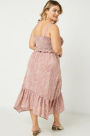 HY2485 Mauve Womens Tie Shoulder Smocked Ruffle Detail Midi Dress Detail