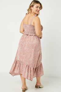 HY2485 Mauve Womens Tie Shoulder Smocked Ruffle Detail Midi Dress Detail