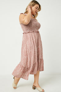 HY2485 Mauve Womens Tie Shoulder Smocked Ruffle Detail Midi Dress Back