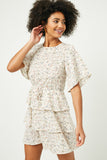 HY2500 Ivory Womens Ditsy Floral Tiered Flutter Sleeve Mini Dress Front