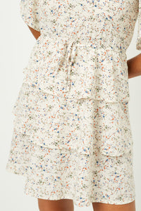 HY2500W IVORY Plus Ditsy Floral Tiered Flutter Sleeve Mini Dress Front