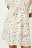 HY2500W IVORY Plus Ditsy Floral Tiered Flutter Sleeve Mini Dress Front