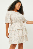 HY2500W IVORY Plus Ditsy Floral Tiered Flutter Sleeve Mini Dress Full Body