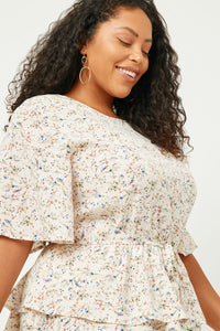 HY2500 Ivory Womens Ditsy Floral Tiered Flutter Sleeve Mini Dress Side