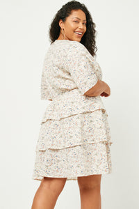 HY2500W IVORY Plus Ditsy Floral Tiered Flutter Sleeve Mini Dress Full Body