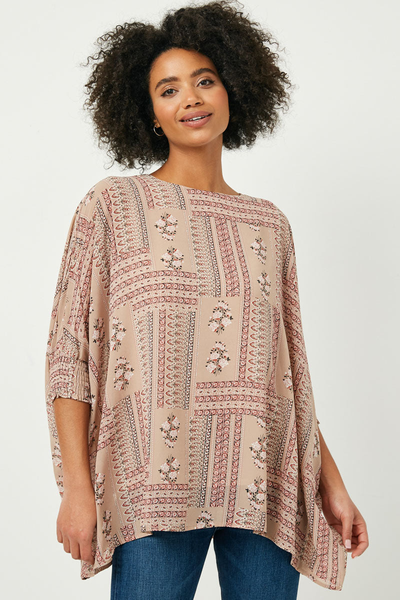 Hankerchief Print Smocked Cuff Dolman Top