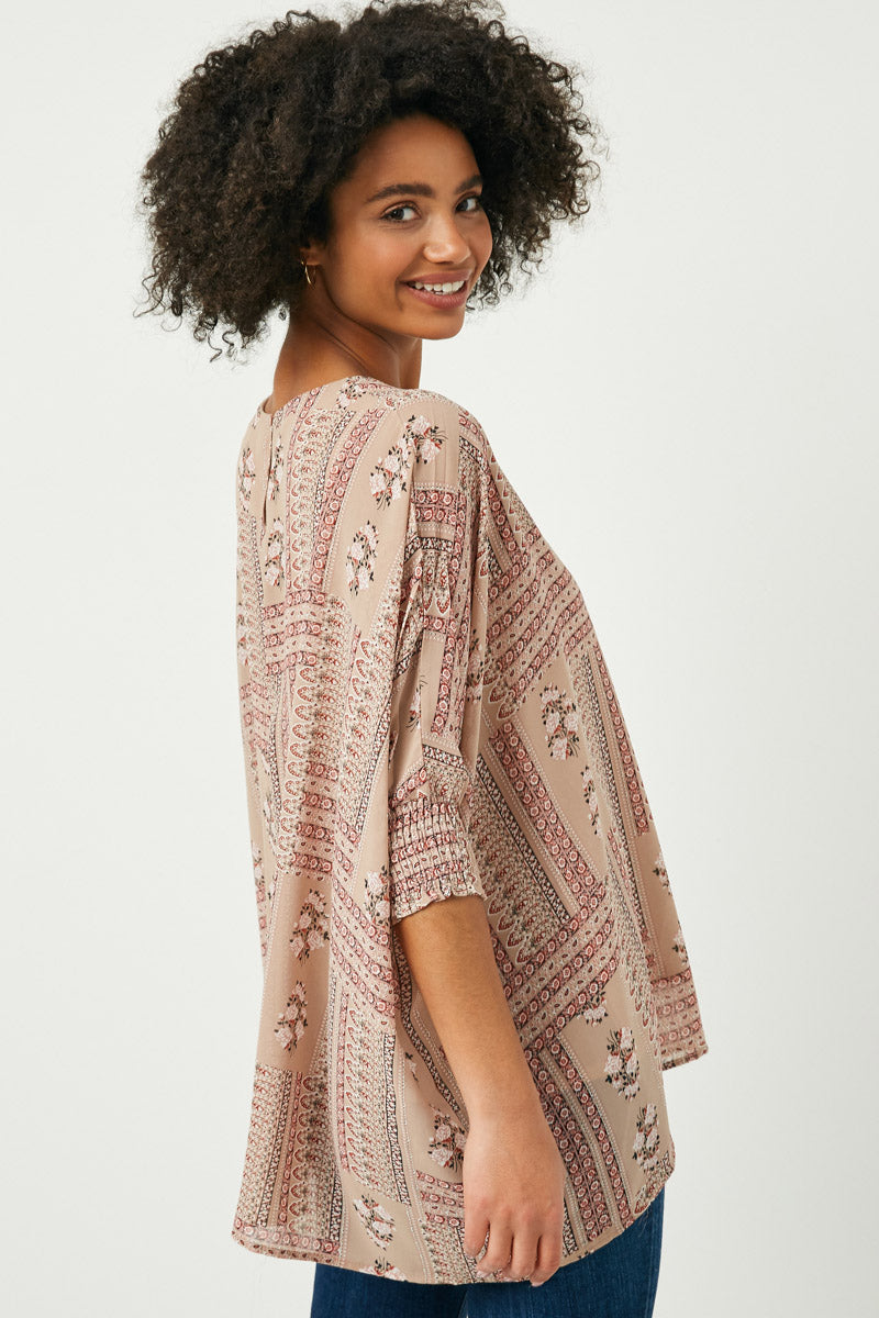 HY2513W Mauve Plus Hankerchief Print Smocked Cuff Dolman Top Detail