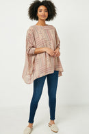 HY2513W Mauve Plus Hankerchief Print Smocked Cuff Dolman Top Back