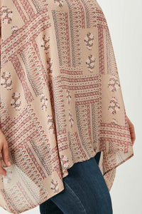 HY2513W Mauve Plus Hankerchief Print Smocked Cuff Dolman Top Front