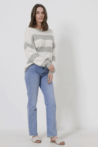 HY2530 Blue Womens Striped Loose Knit Summer Sweater GIF