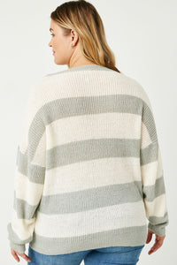 HY2530 Blue Womens Striped Loose Knit Summer Sweater Front