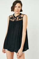 HY2555 Black Womens Sleeveless Embroidered Mesh Yoke Top Front