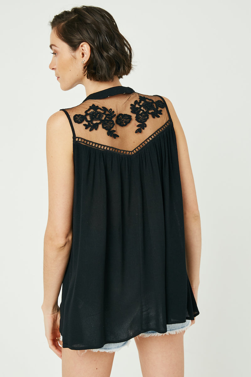 HY2555 Blush Womens Sleeveless Embroidered Mesh Yoke Top Full Body