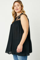 HY2555 Black Womens Sleeveless Embroidered Mesh Yoke Top Back