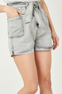 HY2566W Black Denim Plus Waist Tie Washed Cargo Pocket Denim Front