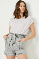 HY2566W Black Denim Plus Waist Tie Washed Cargo Pocket Denim Detail