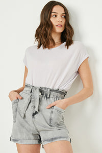 HY2566W Black Denim Plus Waist Tie Washed Cargo Pocket Denim Detail