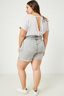 HY2566 Black Denim Womens Waist Tie Washed Cargo Pocket Denim Detail