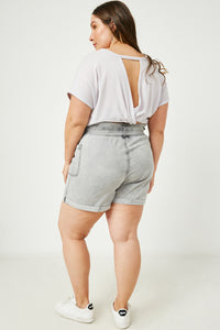 HY2566 Black Denim Womens Waist Tie Washed Cargo Pocket Denim Detail