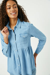 HY2570 Light Denim Womens Button Down Peplum Western Tencel Shirt Front