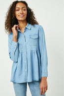 HY2570W Light Denim Plus Button Down Peplum Western Tencel Shirt Back