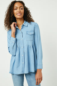 HY2570W Light Denim Plus Button Down Peplum Western Tencel Shirt Back
