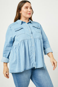 HY2570 Light Denim Womens Button Down Peplum Western Tencel Shirt Back