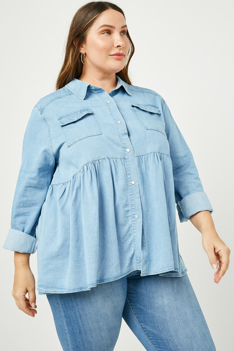 HY2570 Light Denim Womens Button Down Peplum Western Tencel Shirt Back