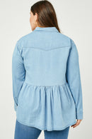 HY2570 Light Denim Womens Button Down Peplum Western Tencel Shirt Front 2