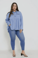 HY2570W Light Denim Plus Button Down Peplum Western Tencel Shirt Front