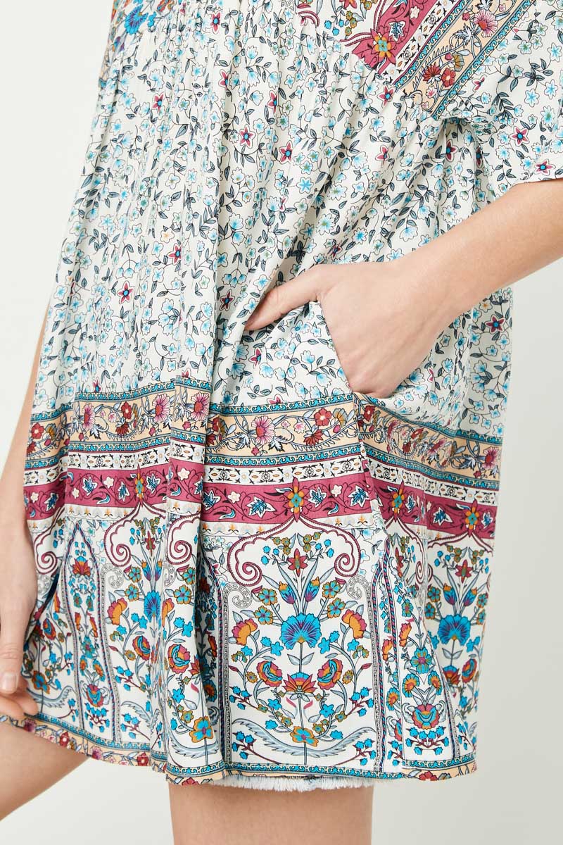 HY2602 Off White Womens Border Print V Neck Bell Sleeve Tunic Side