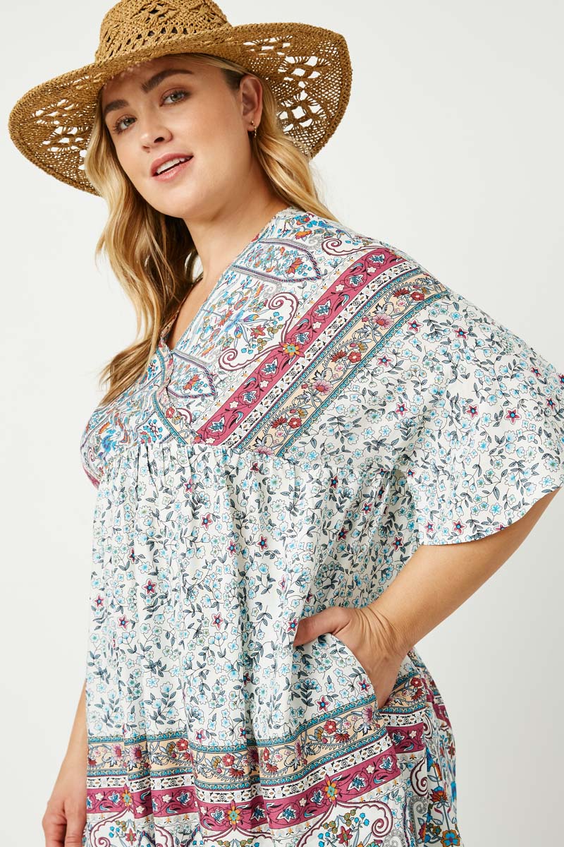 Border Print V Neck Bell Sleeve Tunic