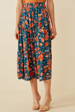 HY2610 Teal Womens Floral Elastic Waist Midi Skirt Front