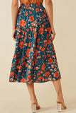 HY2610 Blue Womens Floral Elastic Waist Midi Skirt Side