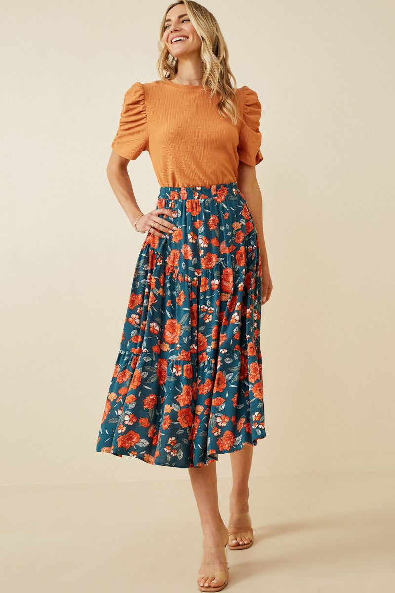 HY2610 Ivory Womens Floral Elastic Waist Midi Skirt Side