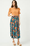 HY2610 Ivory Womens Floral Elastic Waist Midi Skirt Gif