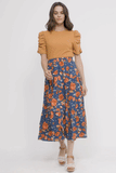 HY2610 Blue Womens Floral Elastic Waist Midi Skirt Front