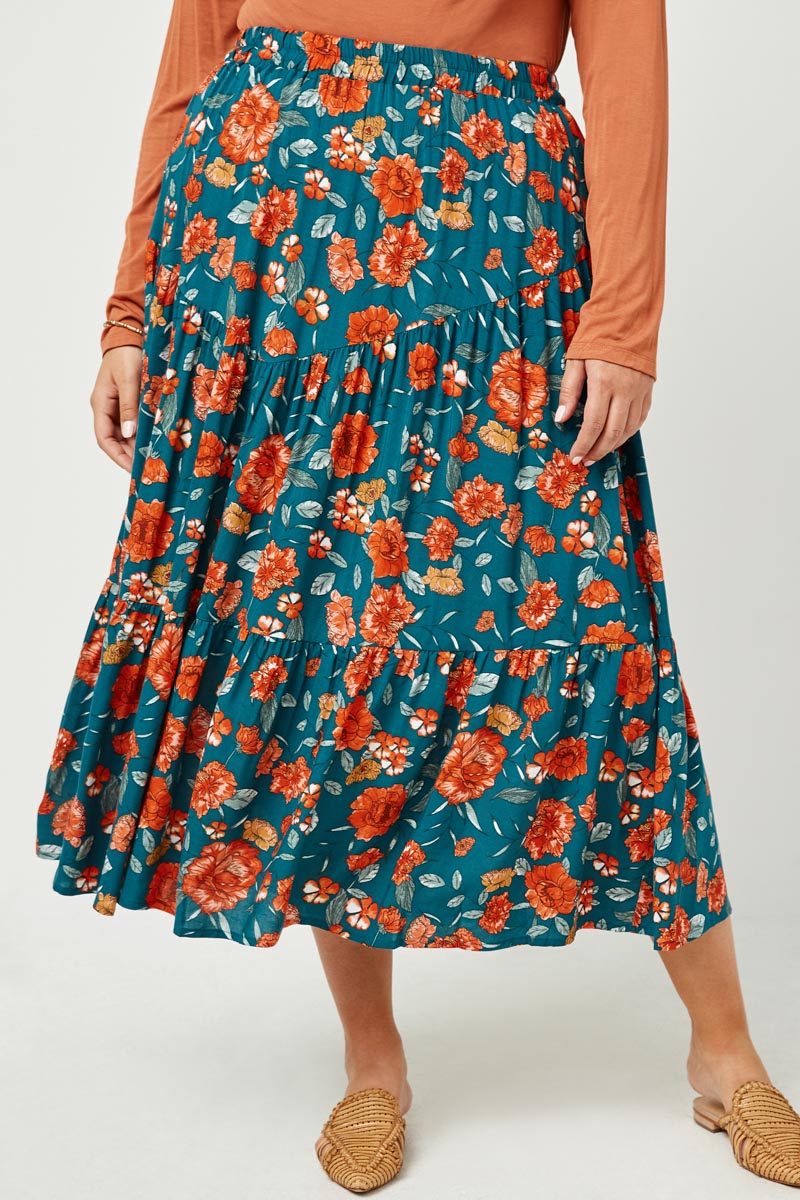 HY2610 Teal Womens Floral Elastic Waist Midi Skirt Back