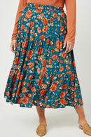 HY2610 Teal Womens Floral Elastic Waist Midi Skirt Back
