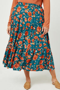 HY2610 Teal Womens Floral Elastic Waist Midi Skirt Back