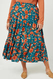 HY2610 Teal Womens Floral Elastic Waist Midi Skirt Back