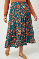 HY2610 Teal Womens Floral Elastic Waist Midi Skirt Full Body
