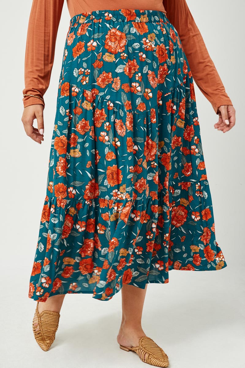 HY2610 Teal Womens Floral Elastic Waist Midi Skirt Full Body