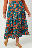 HY2610 Teal Womens Floral Elastic Waist Midi Skirt Full Body