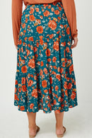 HY2610 Blue Womens Floral Elastic Waist Midi Skirt Full Body